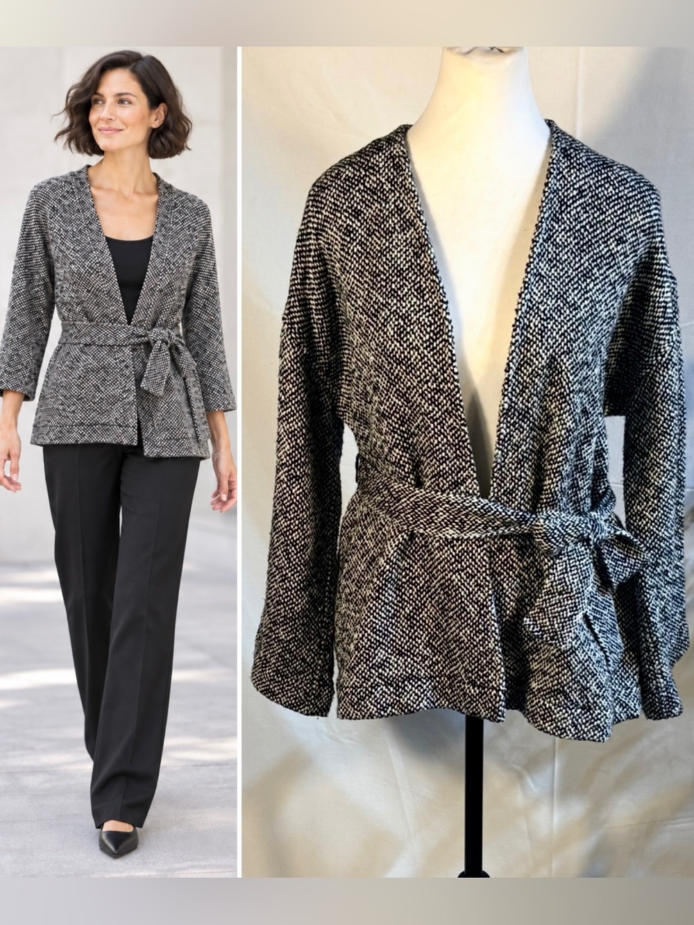 💥Eileen Fisher Organic Cotton Marled Knit Belted Cardigan Black White Sz S🧡
